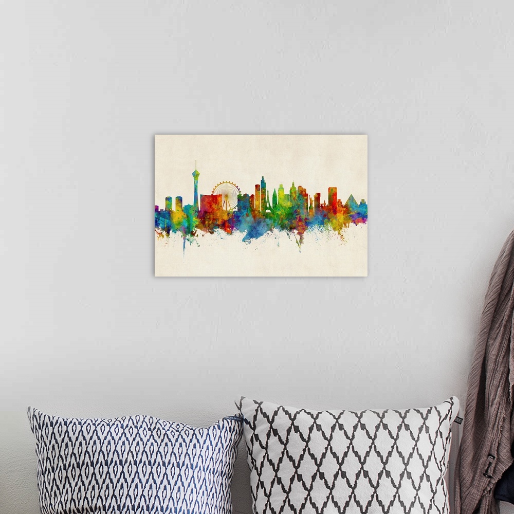 A bohemian room featuring Watercolor art print of the skyline of Las Vegas, Nevada, United States.