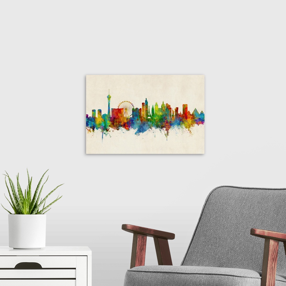 A modern room featuring Watercolor art print of the skyline of Las Vegas, Nevada, United States.