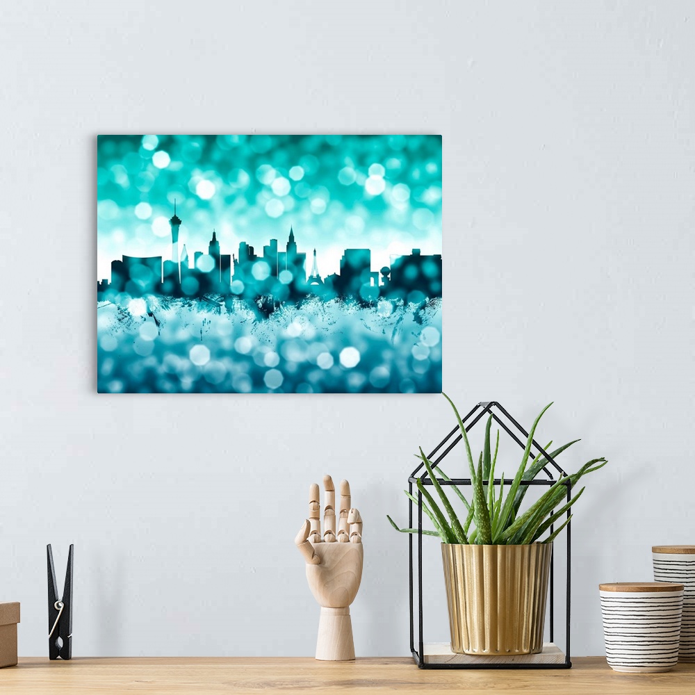 A bohemian room featuring Watercolor art print of the skyline of Las Vegas, Nevada, United States.