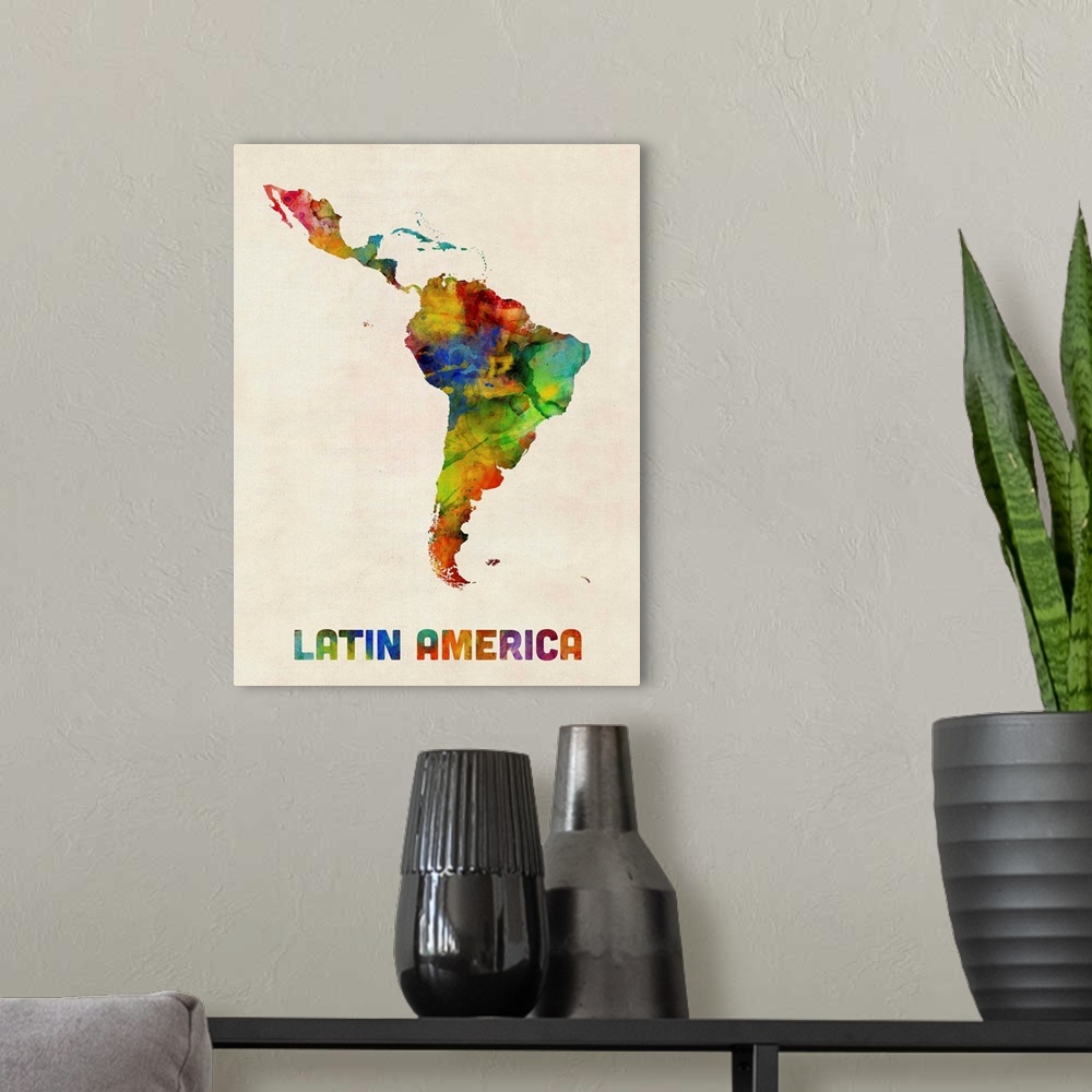 A modern room featuring A watercolor map of Central and South America