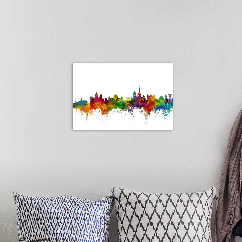 A bohemian room featuring Watercolor art print of the skyline of Lausanne, Switzerland