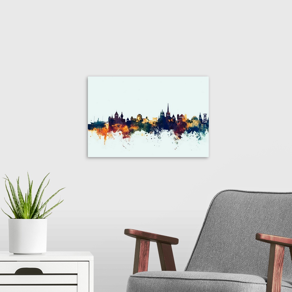 A modern room featuring Watercolor art print of the skyline of Lausanne, Switzerland