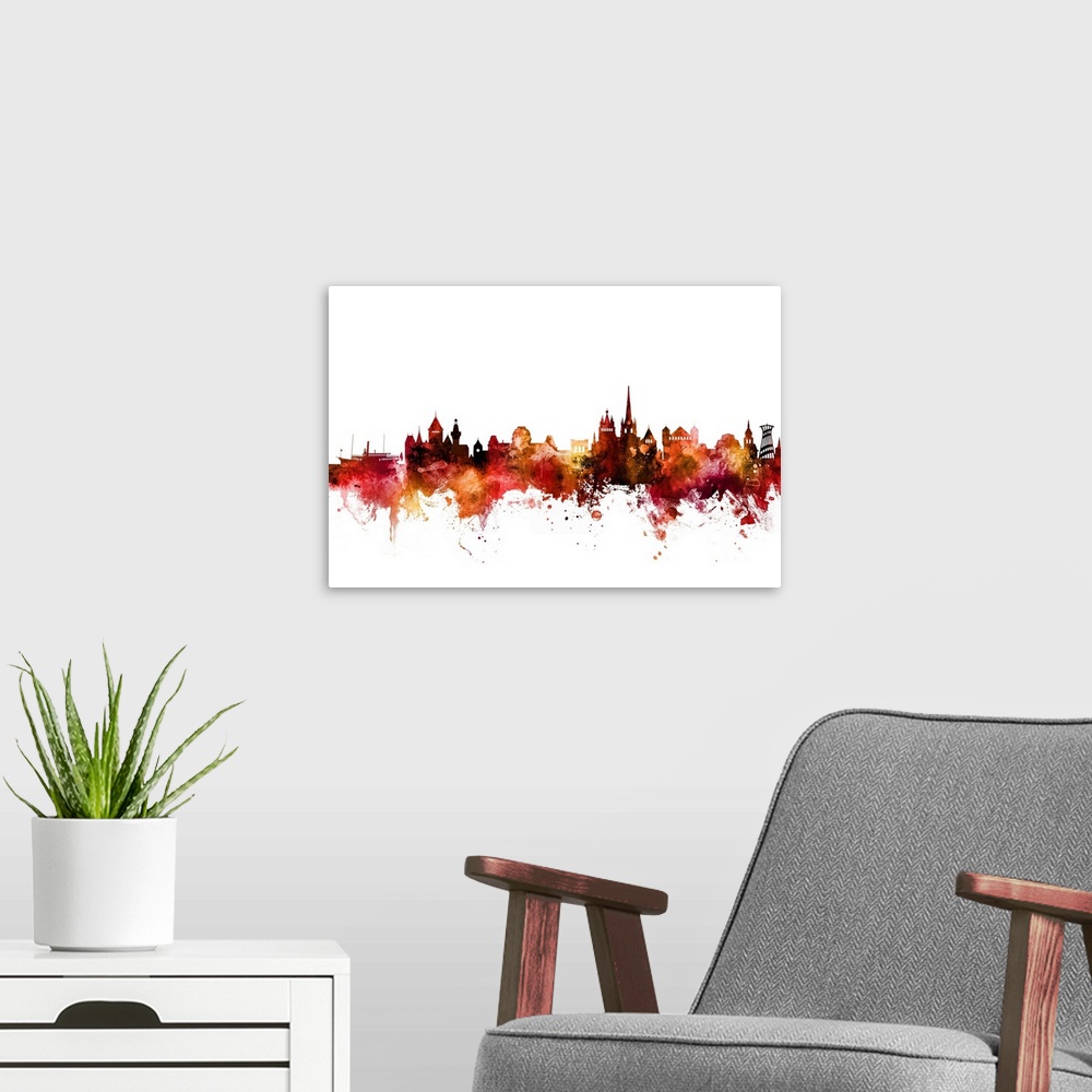 A modern room featuring Watercolor art print of the skyline of Lausanne, Switzerland.