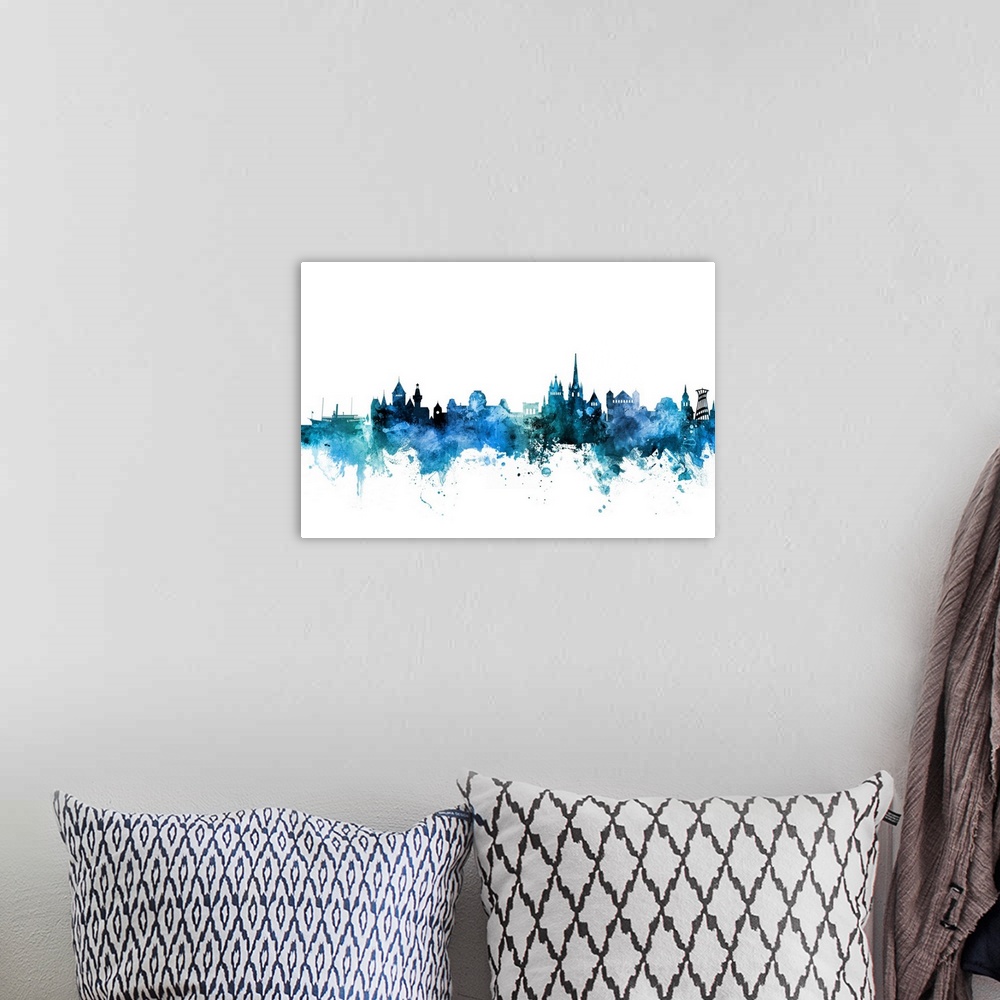 A bohemian room featuring Watercolor art print of the skyline of Lausanne, Switzerland.