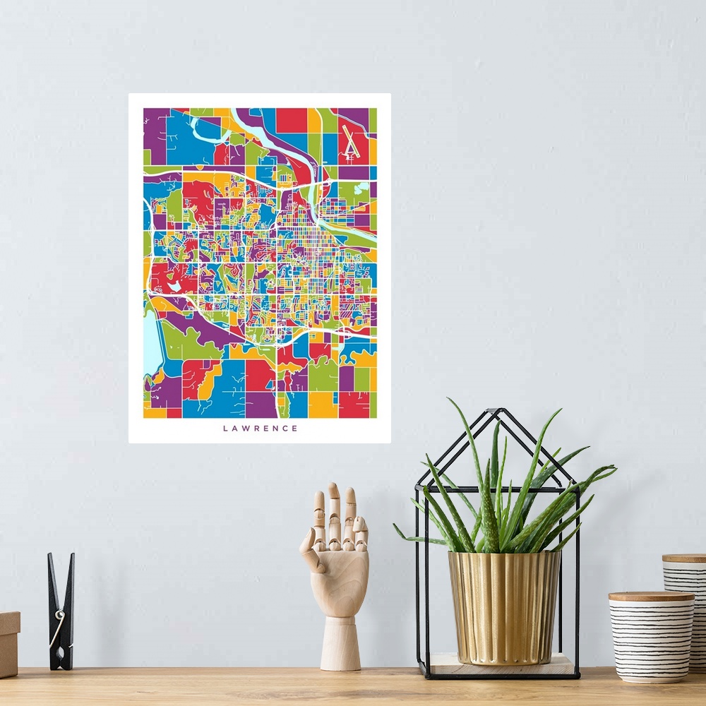 A bohemian room featuring City map of Lawrence, Kansas, United States
