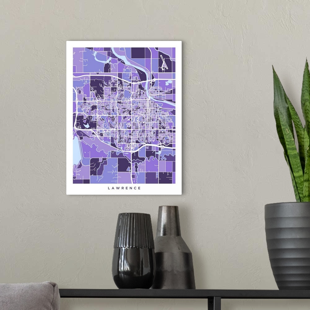 A modern room featuring City map of Lawrence, Kansas, United States