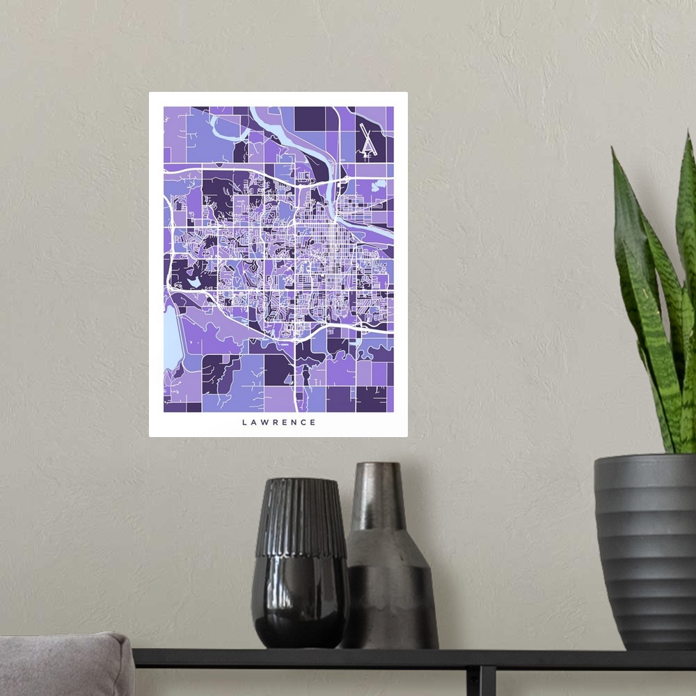 A modern room featuring City map of Lawrence, Kansas, United States