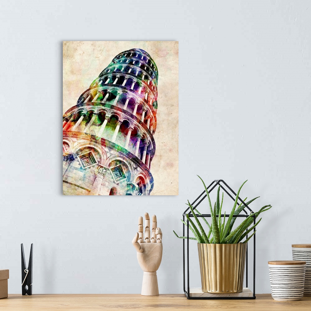 A bohemian room featuring Leaning tower of Pisa watercolor illustration