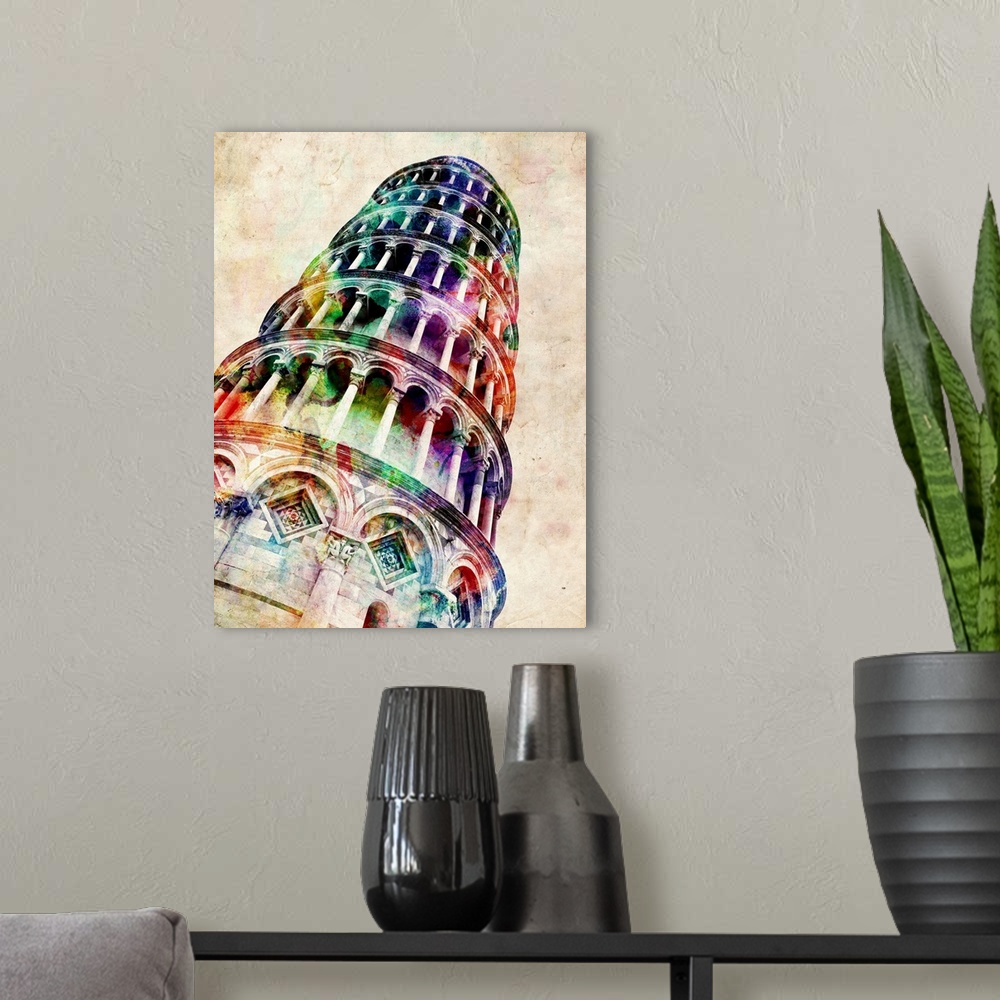 A modern room featuring Leaning tower of Pisa watercolor illustration