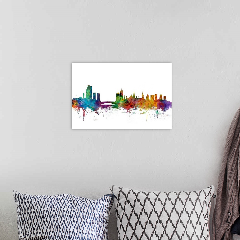 A bohemian room featuring Contemporary piece of artwork of the Leeds skyline made of colorful paint splashes.