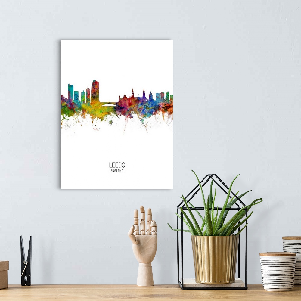 A bohemian room featuring Watercolor art print of the skyline of Leeds, England, United Kingdom