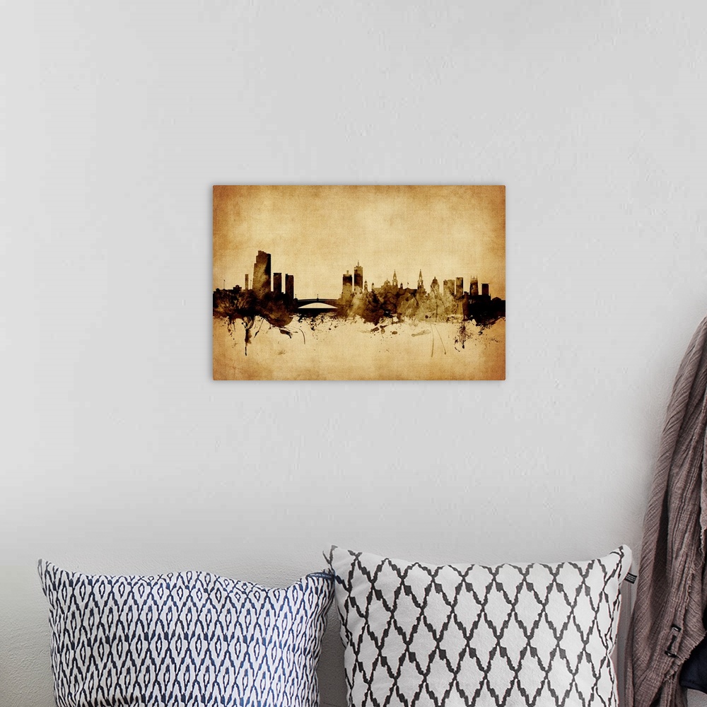 A bohemian room featuring Watercolor art print of the skyline of Leeds, England, United Kingdom.