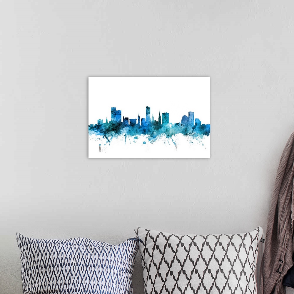 A bohemian room featuring Watercolor art print of the skyline of Leicester, England, United Kingdom.