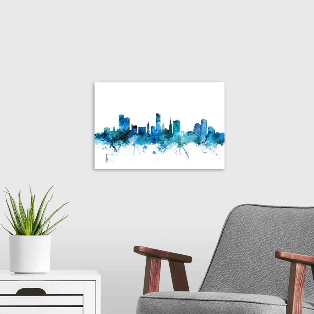 A modern room featuring Watercolor art print of the skyline of Leicester, England, United Kingdom.