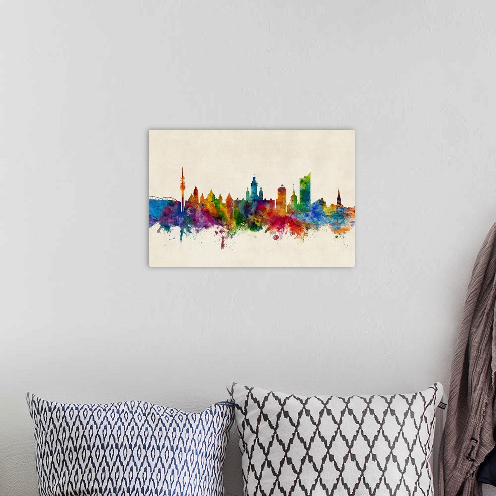 A bohemian room featuring Watercolor art print of the skyline of Leipzig, Germany