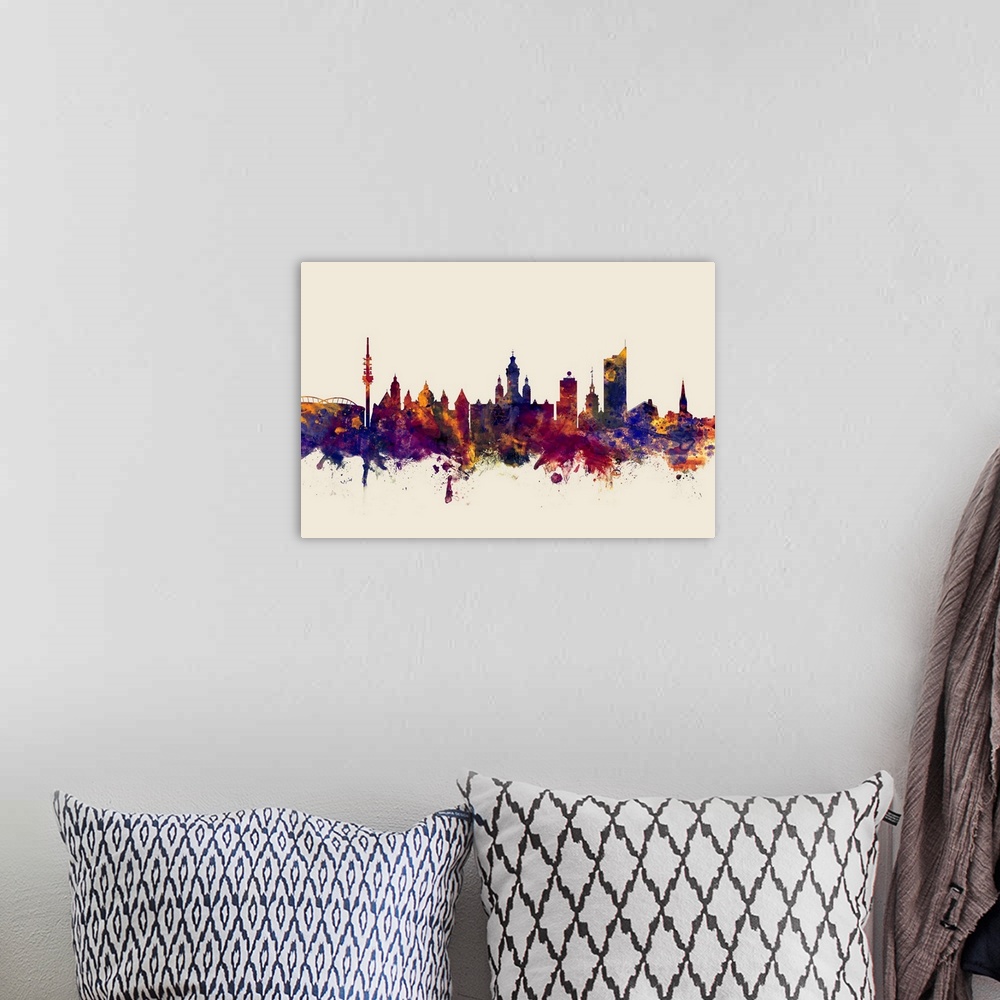 A bohemian room featuring Watercolor art print of the skyline of Leipzig, Germany