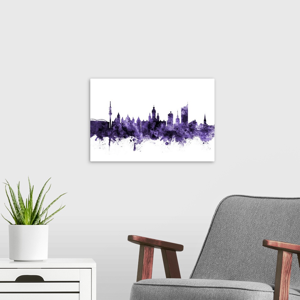 A modern room featuring Watercolor art print of the skyline of Leipzig, Germany