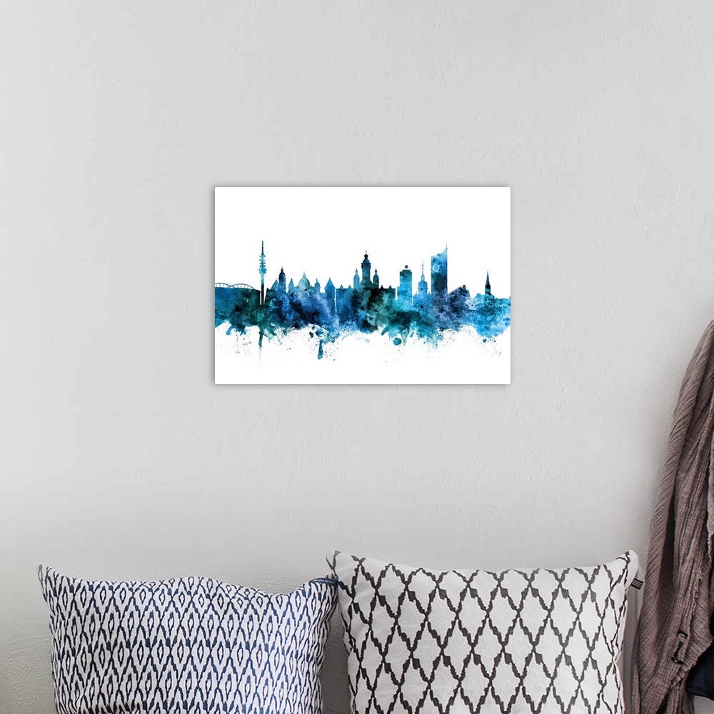 A bohemian room featuring Watercolor art print of the skyline of Leipzig, Germany.