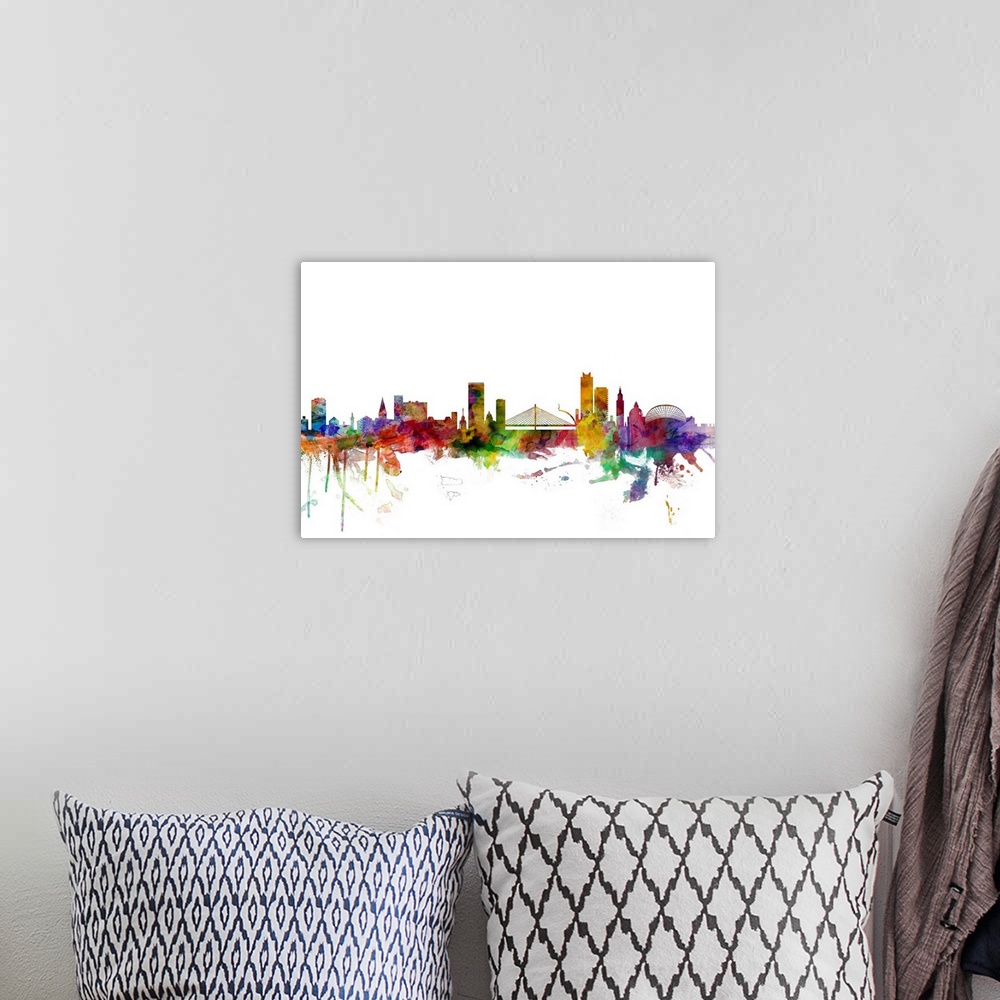 A bohemian room featuring Watercolor artwork of the Liege skyline against a white background.