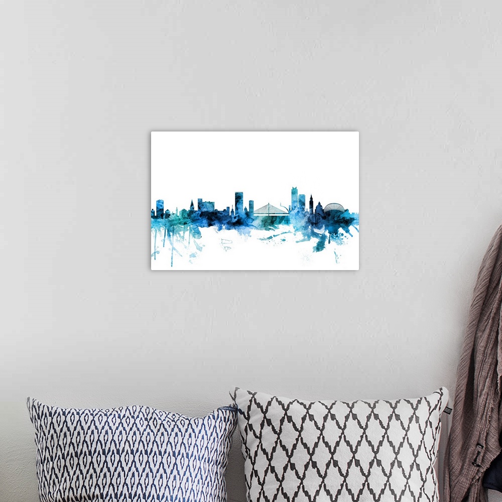 A bohemian room featuring Watercolor art print of the skyline of Liege, Belgium.