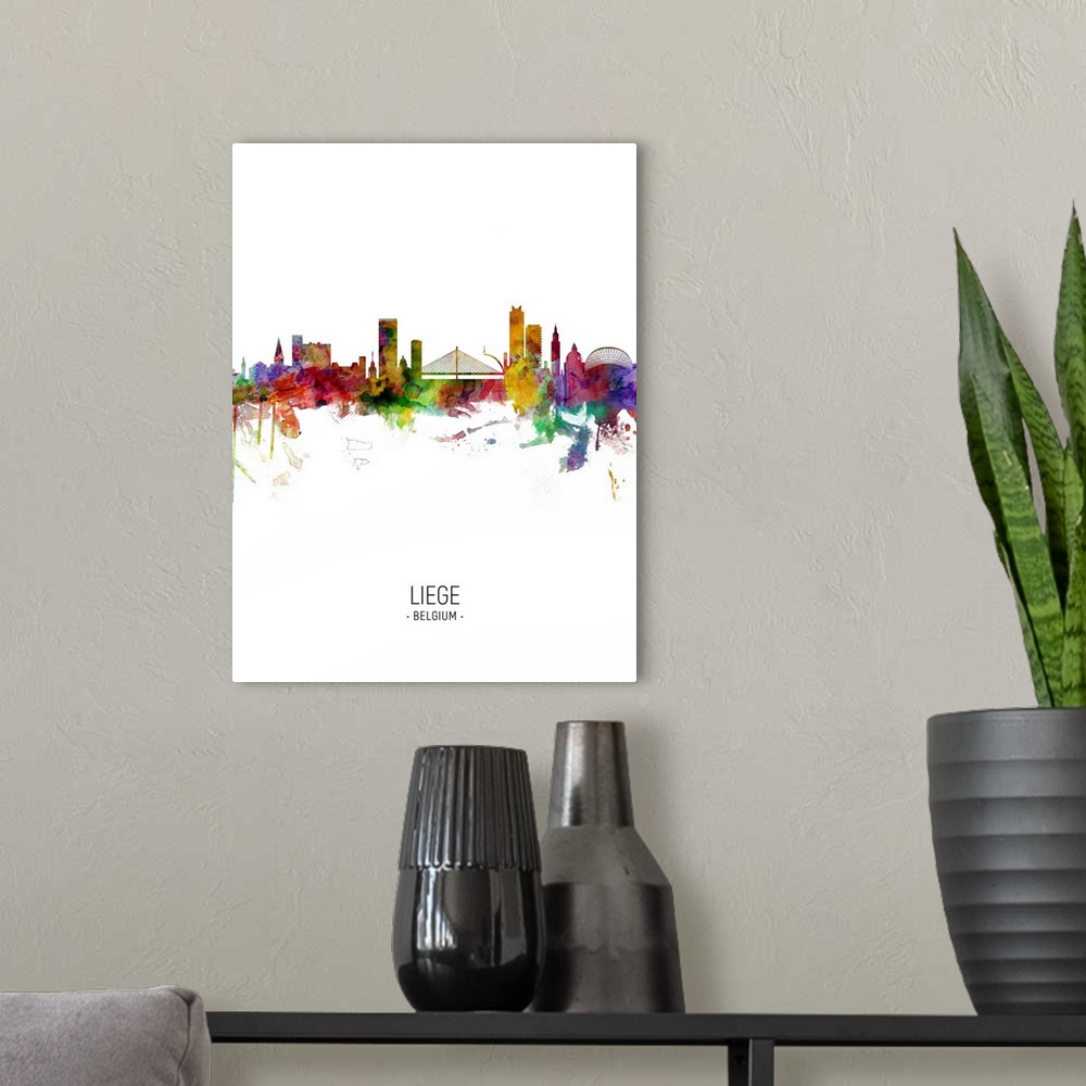 A modern room featuring Watercolor art print of the skyline of Liege, Belgium