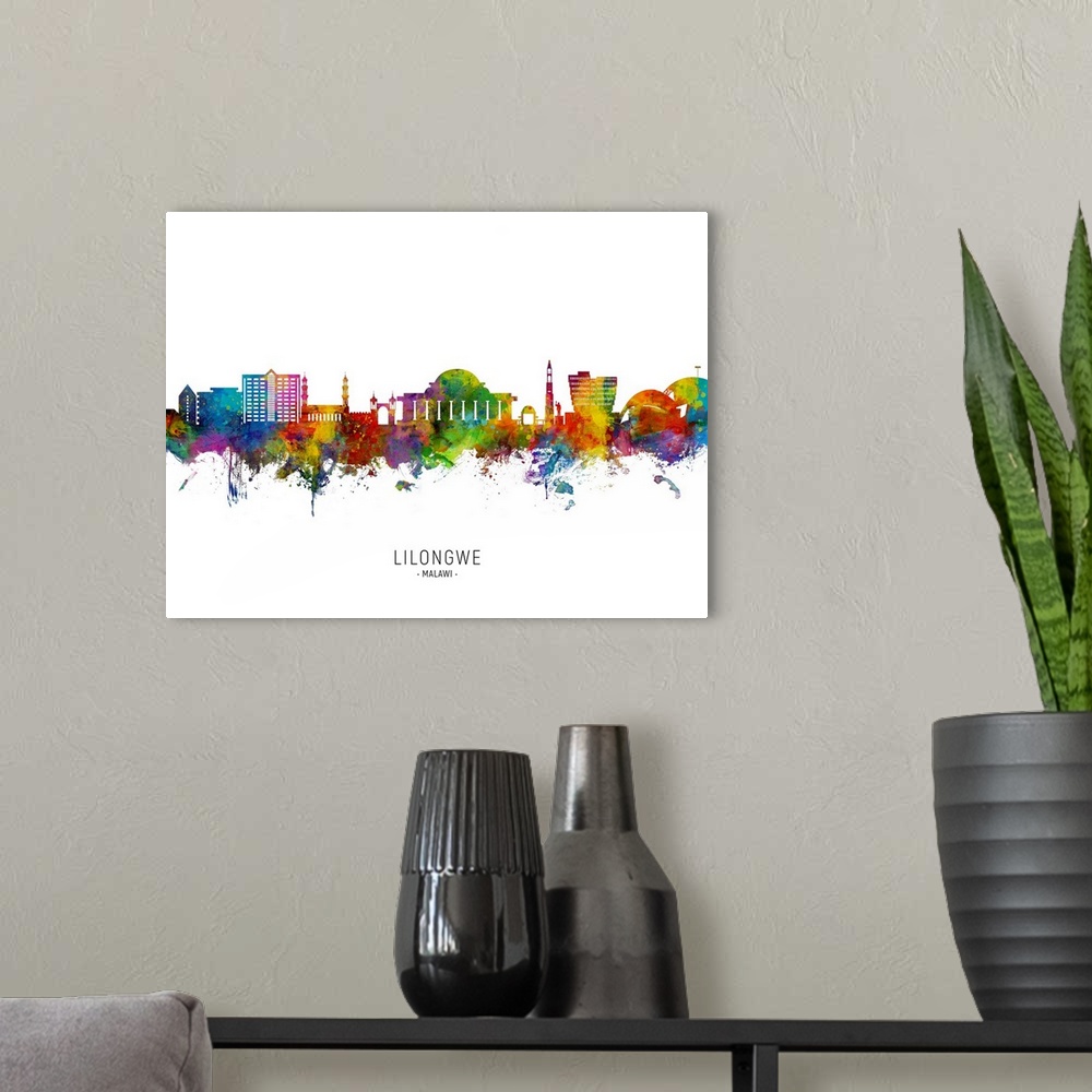 A modern room featuring Watercolor art print of the skyline of Lilongwe, Malawi