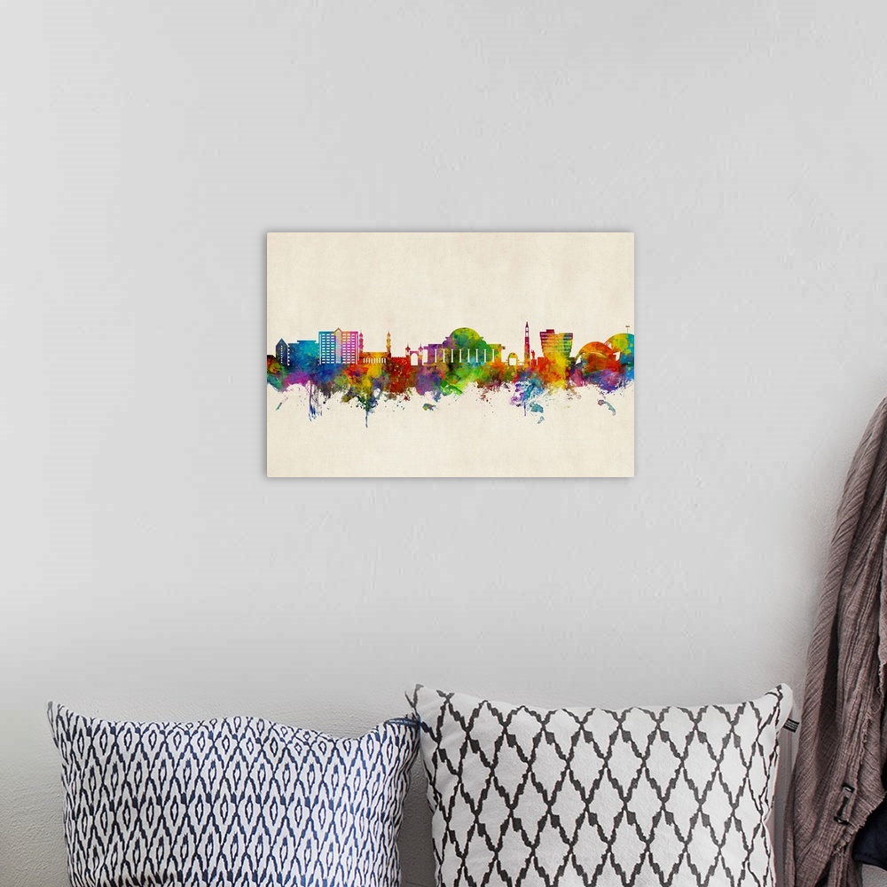 A bohemian room featuring Watercolor art print of the skyline of Lilongwe, Malawi