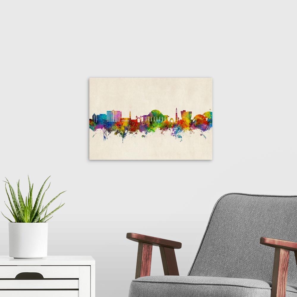 A modern room featuring Watercolor art print of the skyline of Lilongwe, Malawi