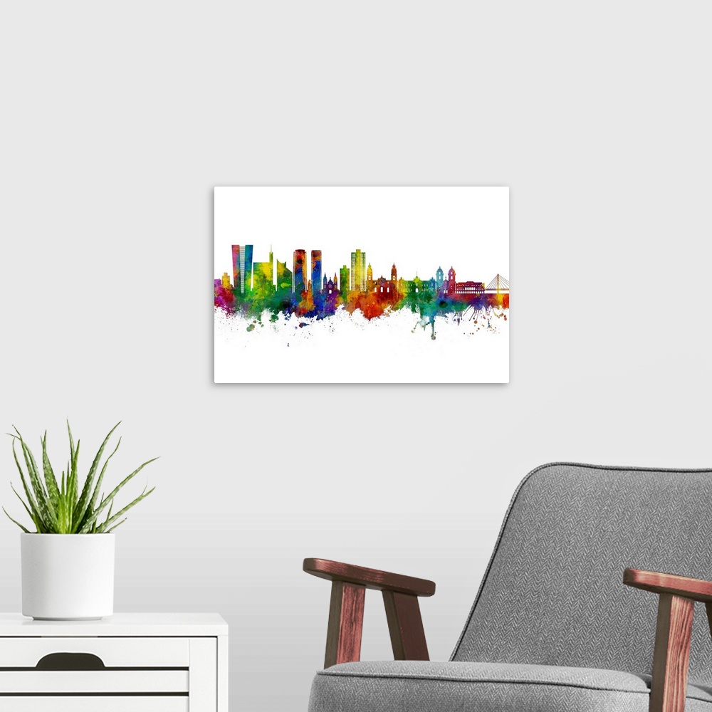 A modern room featuring Watercolor art print of the skyline of Lima, Peru