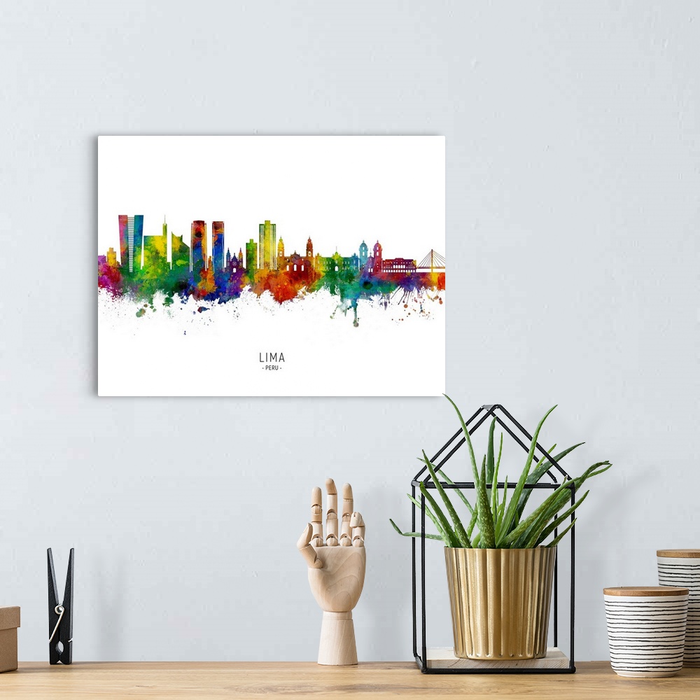 A bohemian room featuring Watercolor art print of the skyline of Lima, Peru