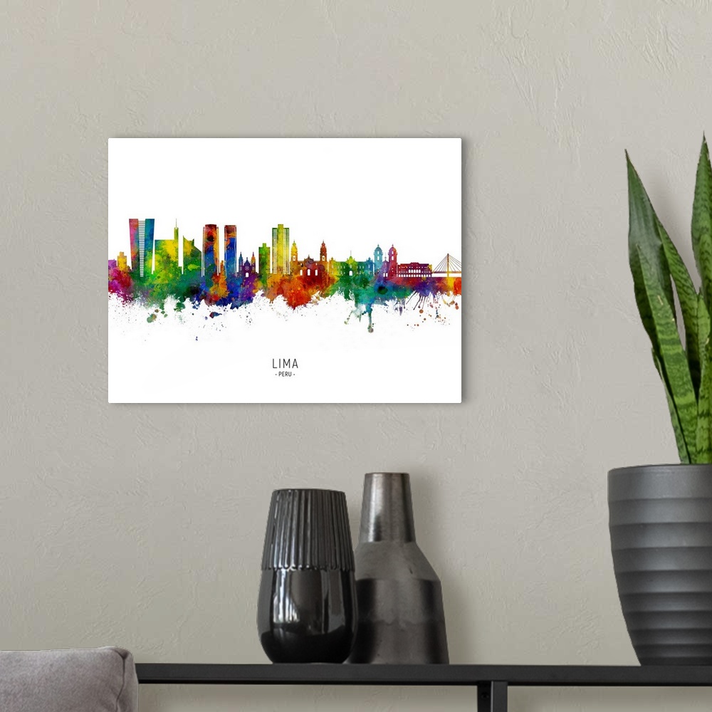 A modern room featuring Watercolor art print of the skyline of Lima, Peru
