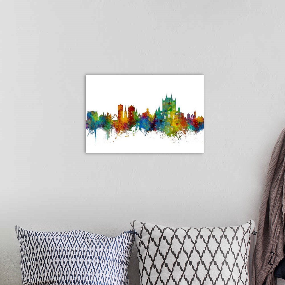 A bohemian room featuring Watercolor art print of the skyline of Lincoln, England, United Kingdom.