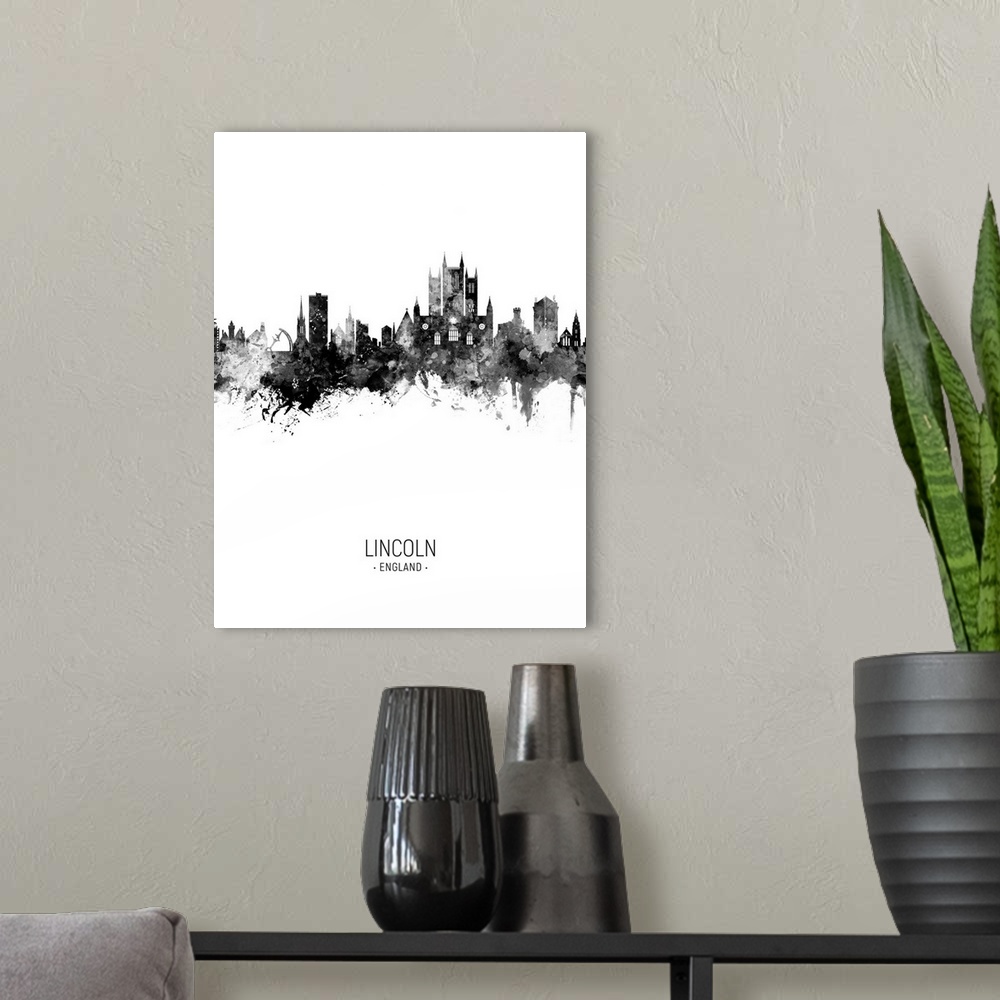 A modern room featuring Watercolor art print of the skyline of Lincoln, England, United Kingdom