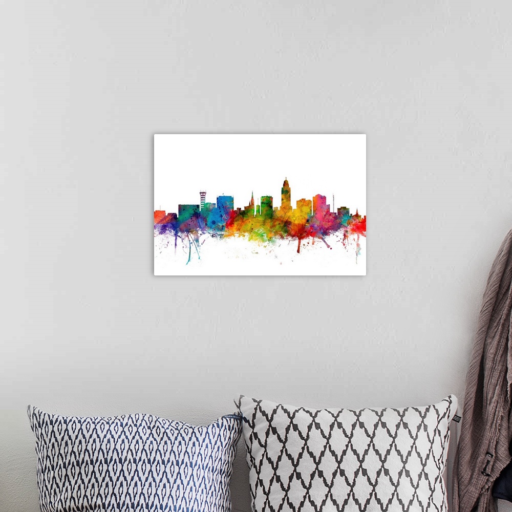 A bohemian room featuring Watercolor artwork of the Lincoln skyline against a white background.