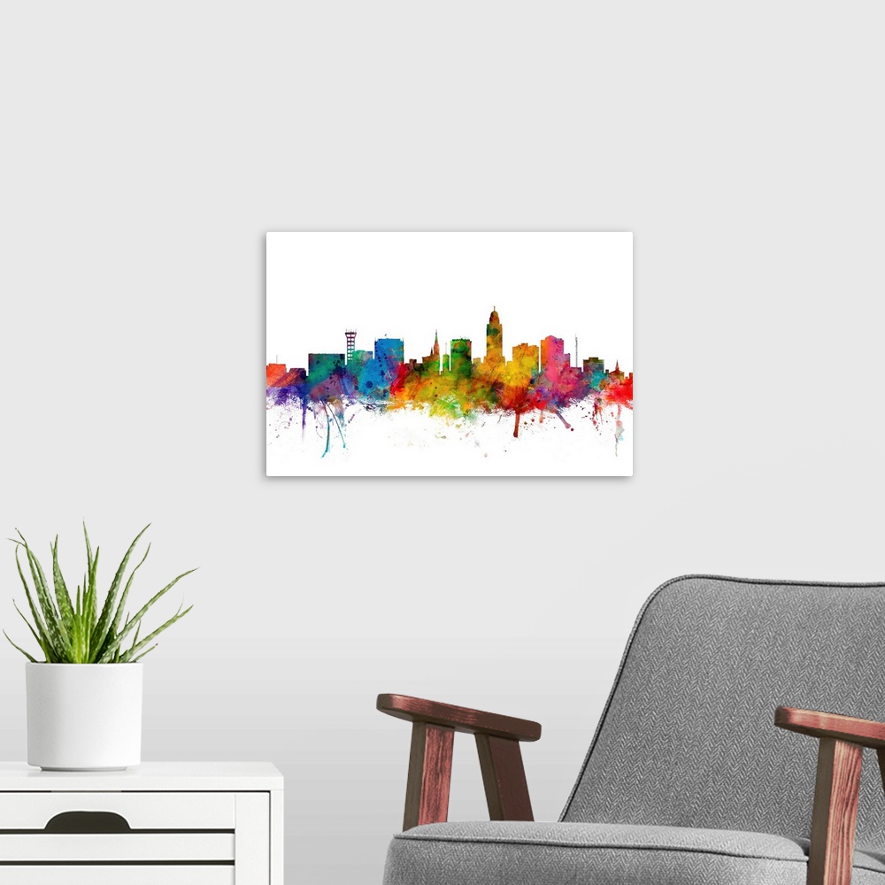 A modern room featuring Watercolor artwork of the Lincoln skyline against a white background.