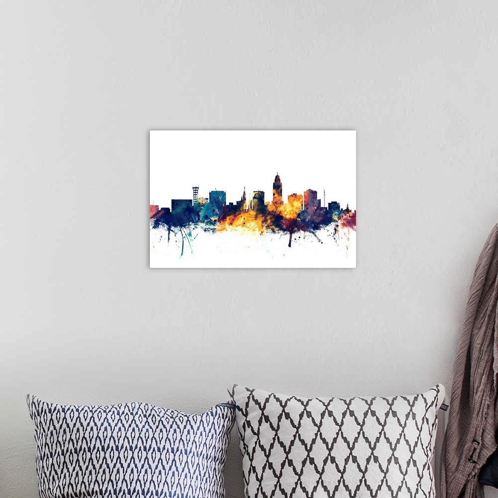 A bohemian room featuring Dark watercolor silhouette of the Lincoln city skyline against a light blue background.