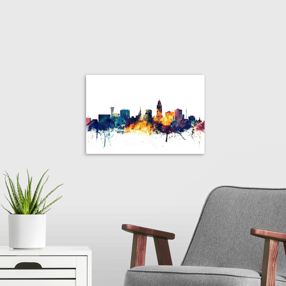 A modern room featuring Dark watercolor silhouette of the Lincoln city skyline against a light blue background.
