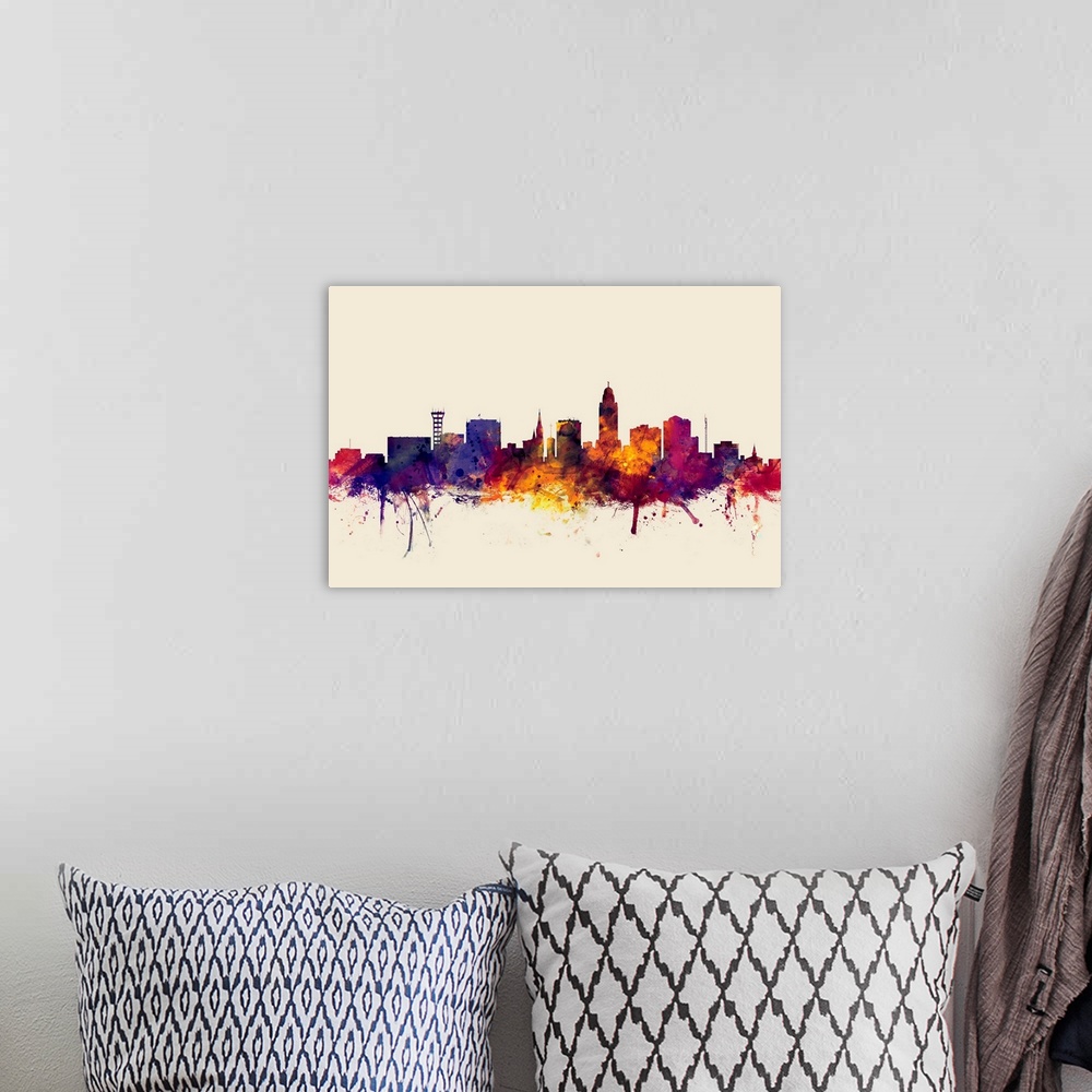 A bohemian room featuring Dark watercolor splattered silhouette of the Lincoln city skyline.