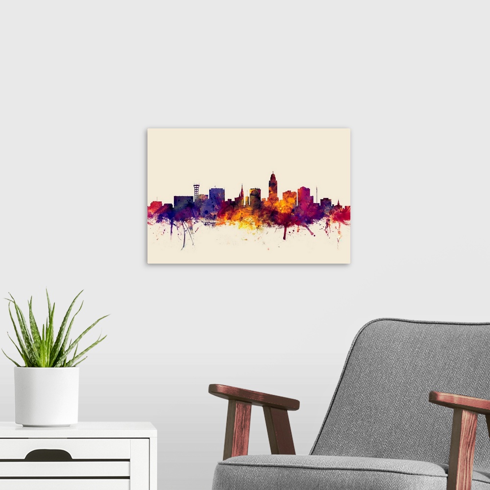A modern room featuring Dark watercolor splattered silhouette of the Lincoln city skyline.