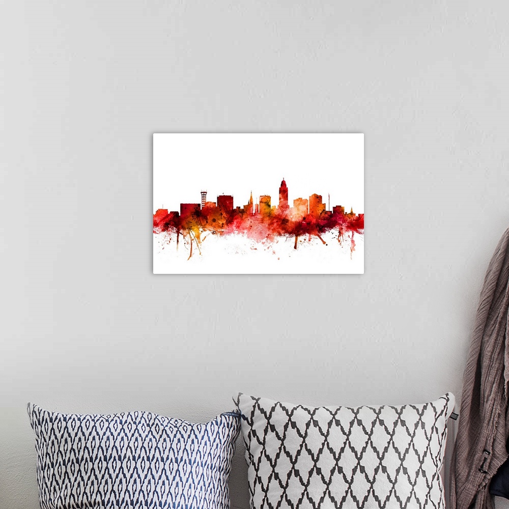 A bohemian room featuring Watercolor art print of the skyline of Lincoln, Nebraska, United States.