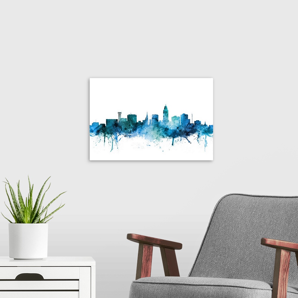 A modern room featuring Watercolor art print of the skyline of Lincoln, Nebraska, United States.