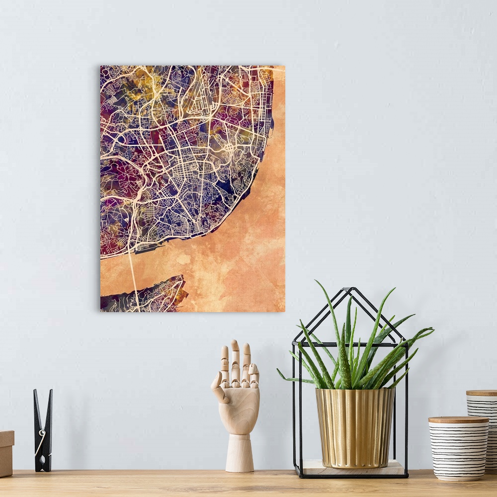 A bohemian room featuring Watercolor street map of Lisbon, Portugal.