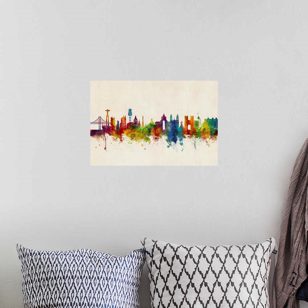 A bohemian room featuring Watercolor art print of the skyline of Lisbon, Portugal