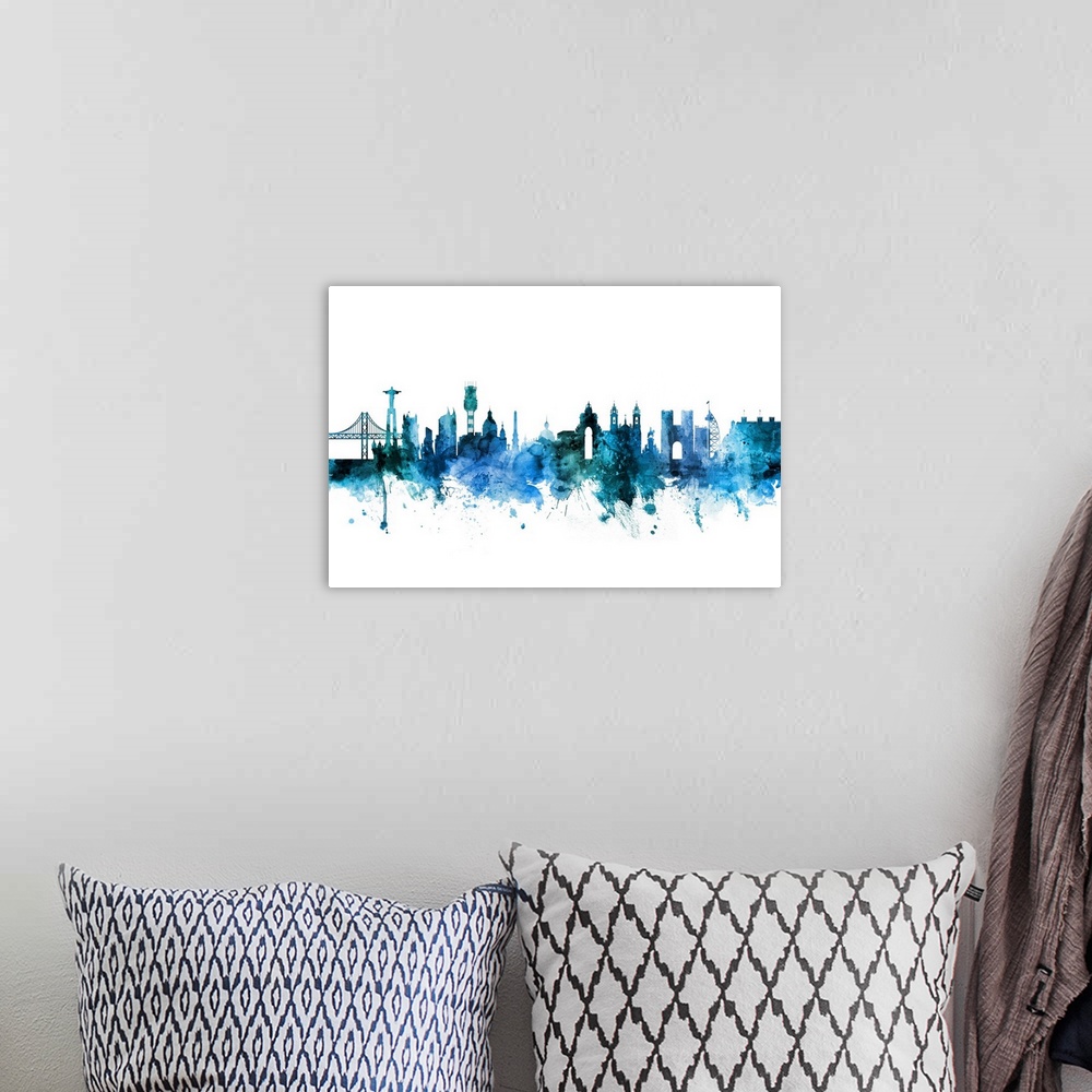 A bohemian room featuring Watercolor art print of the skyline of Lisbon, Portugal.