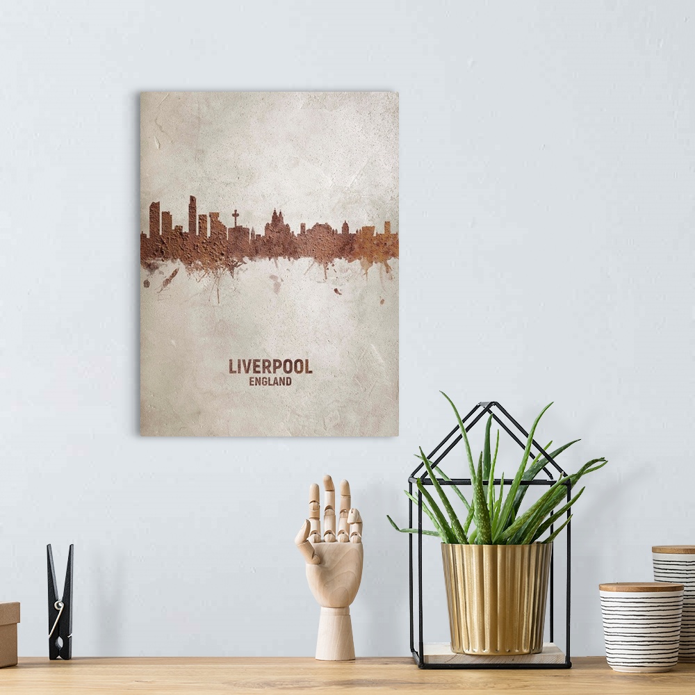 A bohemian room featuring Art print of the skyline of Liverpool, England. Rust on concrete.