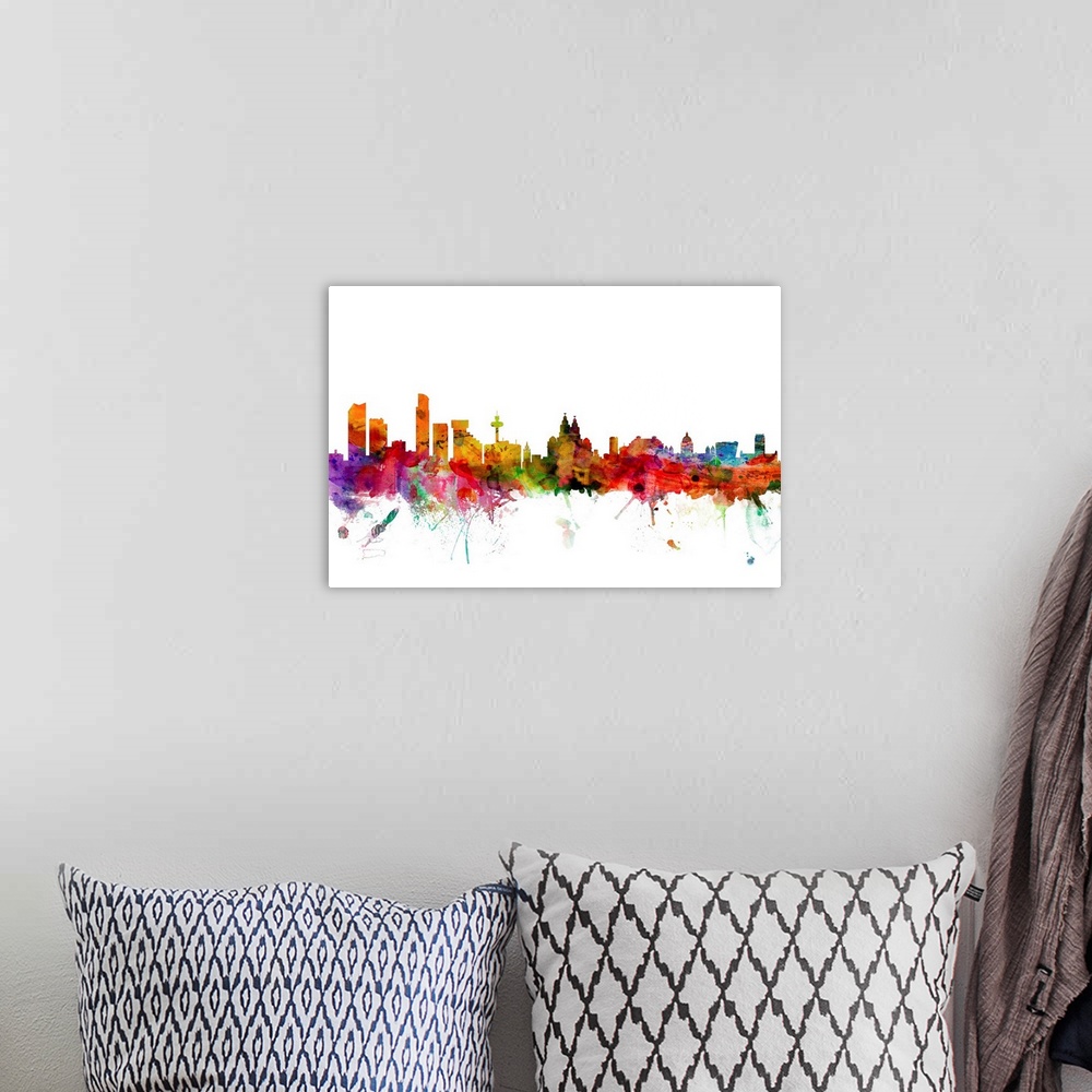 A bohemian room featuring Contemporary piece of artwork of the Liverpool skyline made of colorful paint splashes.