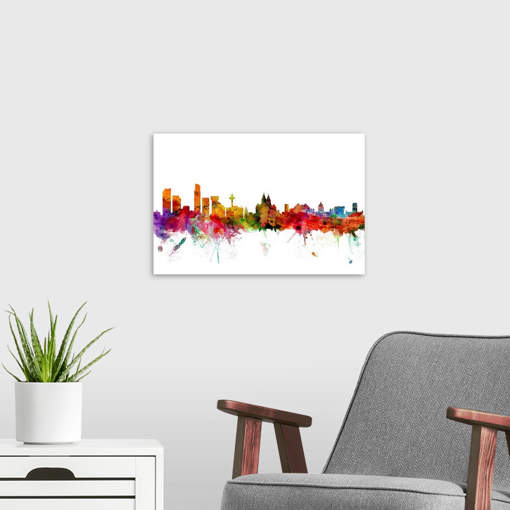 A modern room featuring Contemporary piece of artwork of the Liverpool skyline made of colorful paint splashes.