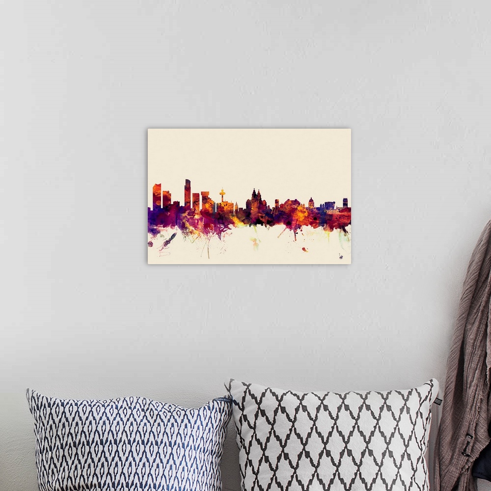 A bohemian room featuring Contemporary artwork of the Liverpool city skyline in watercolor paint splashes.