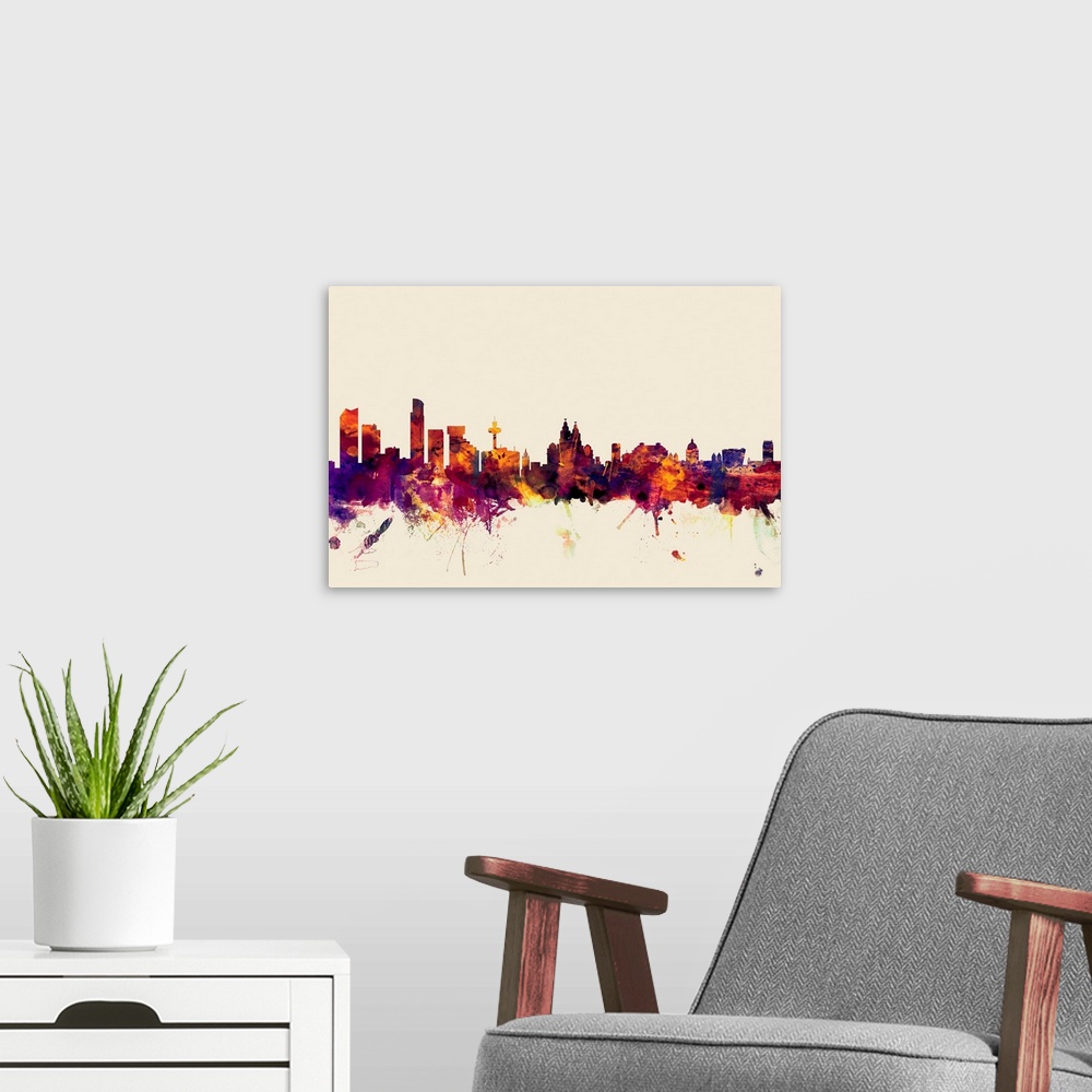 A modern room featuring Contemporary artwork of the Liverpool city skyline in watercolor paint splashes.