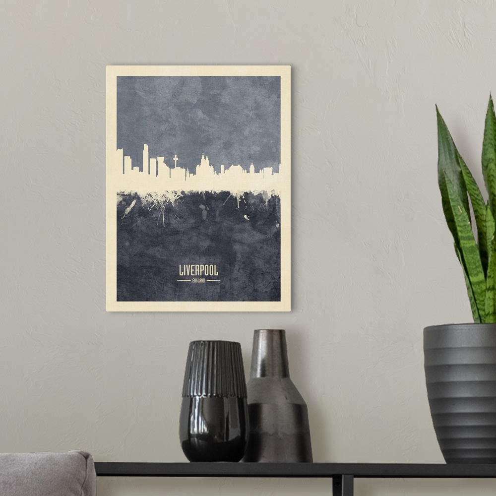 A modern room featuring Watercolor art print of the skyline of Liverpool, England